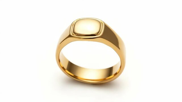Shiny gold signet ring with a smooth, polished top, photographed in high detail on a clean white background, symbolizing luxury and elegance