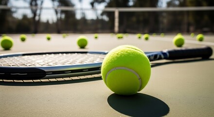 Tennis Ball and Racket on Court Ready for Game Play