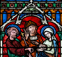 Auxerre cathedral.  Stained glass. The Marriage of the Virgin with Joseph. . Auxerre. France.
