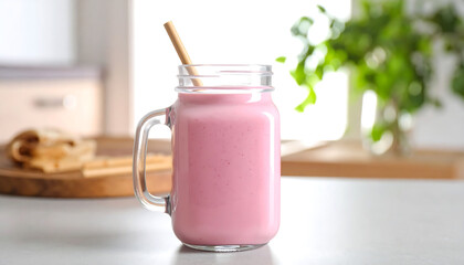 Fresh pink smoothie in glass jar with wooden straw