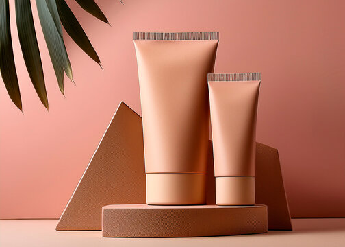 Mockup, modelo, frasco, embalagem em tons terrosos para cremes, cosm&eacute;tico produtos de beleza com embalagens de papel&atilde;o para personalizar a marca de um produto, logomarca, logotipo, arte para moodboard