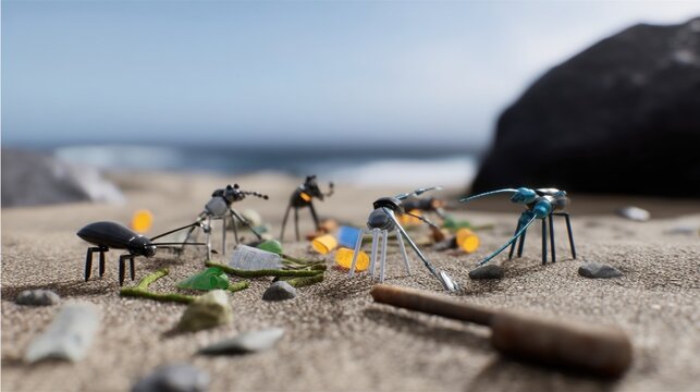 A visually engaging composition of diverse robot beetles each designed differently collaborating in a team on a secluded beach as they gather and categorize various types of microplastics