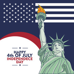 Festive US Independence Day banner with turquoise vector outline of Statue of Liberty, US flag. National symbol of America, New York