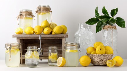 Still life of homemade lemonade in glass jars with lemons and leaves on a white background