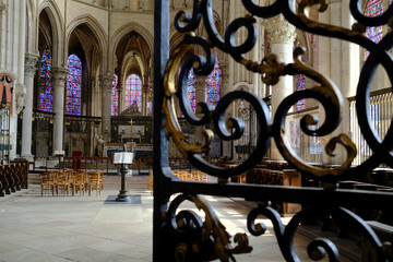Auxerre cathedral. The disambulatory at the east end.  Wrought iron gate.. Auxerre. France.