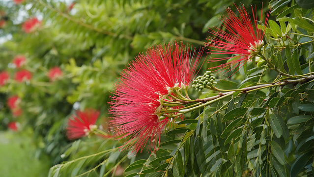 Red Powder Puff flower on a tree - Powered by Adobe