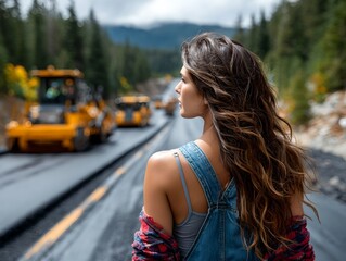 a woman standing by the side of a road, looking off into the distance with the open road stretching ahead of her