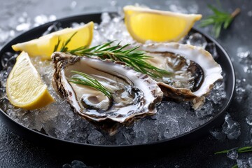 Two oysters on ice with lemon wedges and rosemary sprigs on a black plate