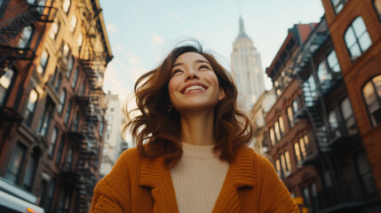A young Asian woman walking around in the city, feeling happy.