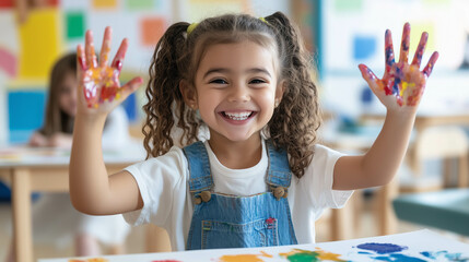 A happy kindergartener showing off their colorful painting during an art class.