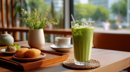 Close-up of a glass of ice-matcha latte at the cafe with a blurred background.