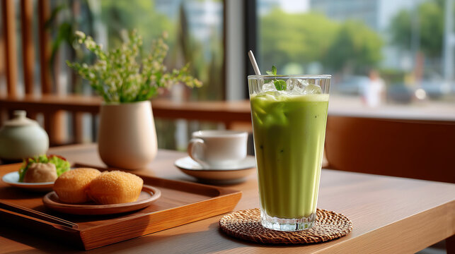 Close-up of a glass of ice-matcha latte at the cafe with a blurred background.