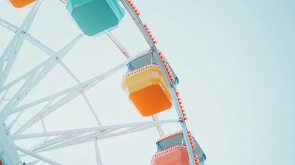 close up colorful ferris wheel against a clear sky