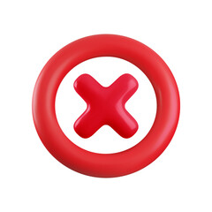 Vector 3d red cross x realistic icon. Trendy plastic round wrong checkmark badge, delete sign, not approved icon, error, failed symbol. 3d render no sign for web, app, game, sticker.