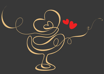 Design stylish postcard glass glass one gold line with red hearts. Vector isolated drawing of drink in glass container on dark background. Exquisite continuous line. Design restaurant, date, wedding