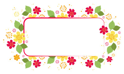 Rectangular shaped floral frame with space for copying. Vector color background in flat style for text, photo, information. Frame of bright yellow and red flowers, green leaves. Frame simple plant 