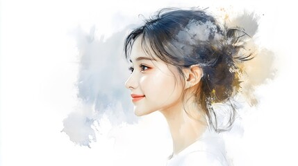 Side profile portrait of a young asian woman with a soft smile and loose dark hair in watercolor style