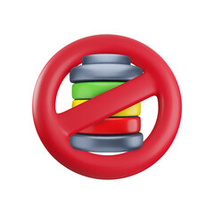 Vector cartoon 3d no batteries allowed icon. Realistic 3d render of battery in red circle prohibition sign. Batteries forbidden concept for web, app, game, sticker.