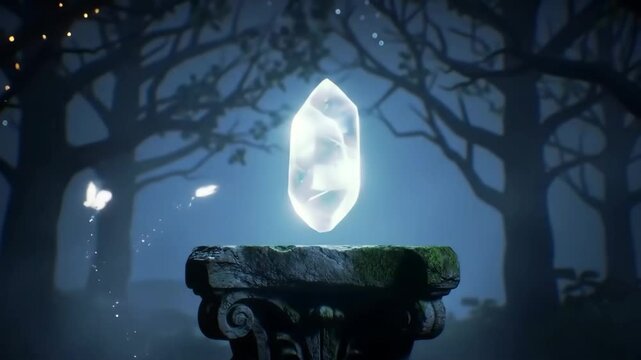 A glowing crystal slowly levitating above a stone pedestal in a misty forest at night with firefly flying around it