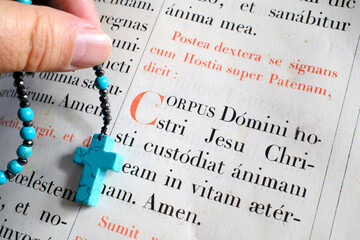 Auxerre cathedral. Liturgy book. Old lectionary with Rosary.  Auxerre. France.