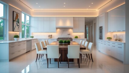 Modern kitchen, island table, luxury home, sunlight, interior design