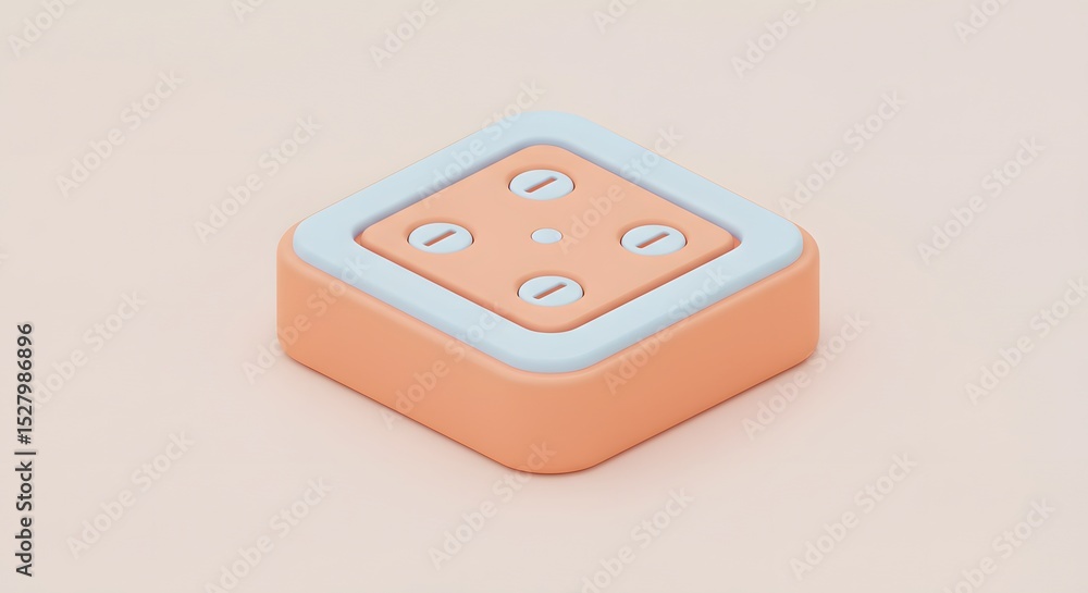 Poster pastel peach and blue 3d rendered square button with four circular indents: minimalist design elemen