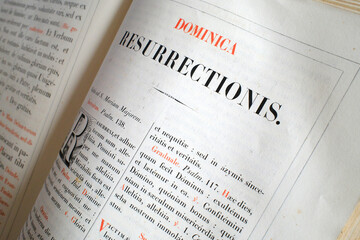 Obraz premium Auxerre cathedral. Liturgy book. Old lectionary. The resurrection. Auxerre. France.