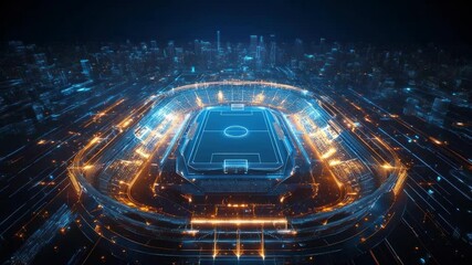 Futuristic Soccer Stadium Render with Neon Lights in Dark Cityscape Backdrop - Powered by Adobe