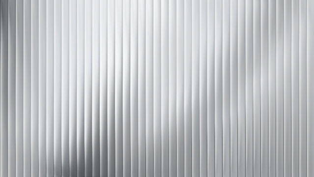 Patterned ribbed metal background with wall panel and white glass roof. Iron and plastic texture with zinc steel sheet and corrugated coating. 3D silver facade with frosted reed metal glowing effect.