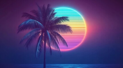 Fototapeta premium Retro Palm Tree Neon Sunset Beach Scene