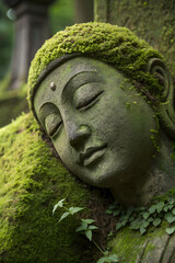 Moss Covered Buddha Statue in Deep Meditation