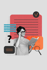 Art image vertical photo collage of happy girl manager hold planner book reader checkmark approval...