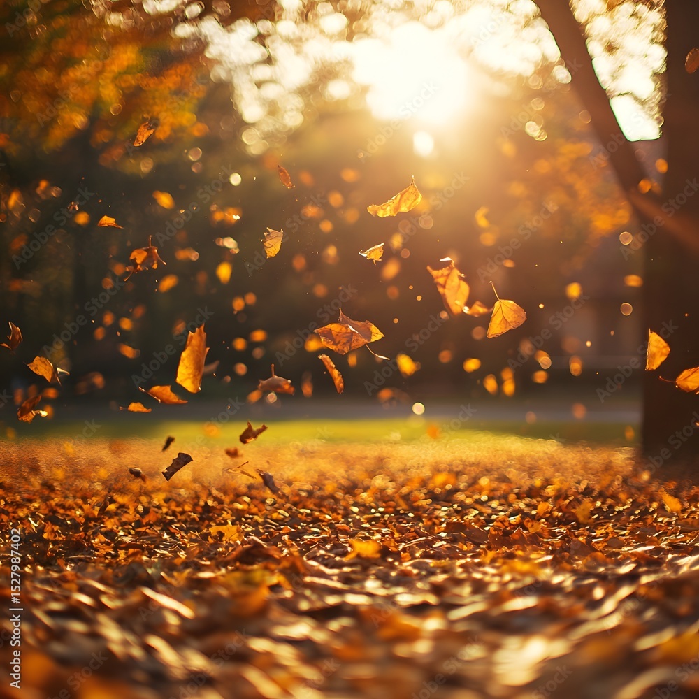 Poster leaves gently falling from a tree in autumn creating a colorful carpet on the ground below