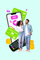 Banner sketch poster trend art collage image of happy girl guy stand phone device credit card...