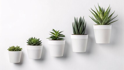 Fototapeta premium Minimal Wall-Mounted White Plant Pots with Succulents Modern Indoor Vertical Garden Décor for Clean, Stylish Home Interiors