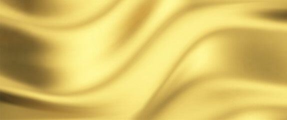 Silk gold background with liquid satin wave on golden fabric cloth for luxury elegance. Smooth abstract flag design with vector gradient and 3d ribbon color.