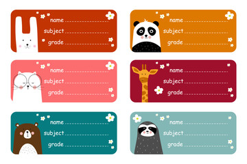 Name tag set, school stickers for kids with with a cute animal place for text. Notebook Labels. Vector illustration