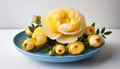 yellow peony roses and buds in a soft blue plate on a white background fresh and natural floral composition ideal for spring or wellness concepts