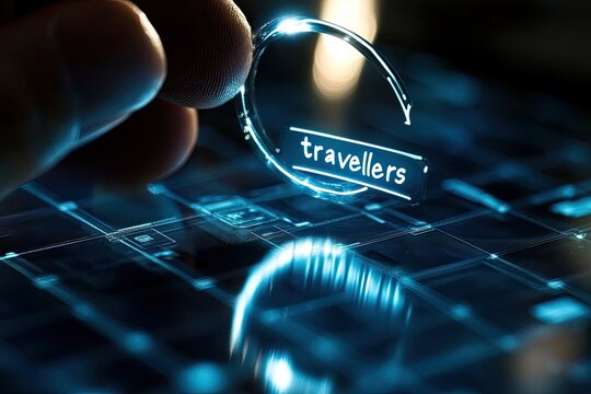 Hand hovers over glowing 'travellers' text on a digital tablet - Powered by Adobe