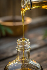 Pouring Golden Liquid into Glass Bottle Closeup