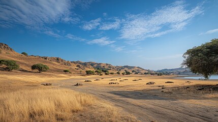 Resting Rhinoceros Herd in Dry Grassland