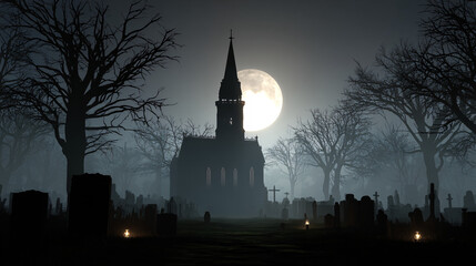 Obraz premium Gothic Church Silhouette in Foggy Cemetery Under Full Moon