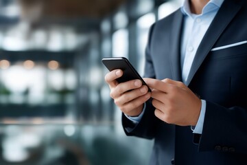 A businessman in a sleek suit interacts with his smartphone in a modern office setting, showcasing professionalism.