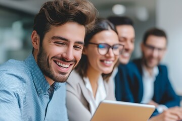A group of young professionals collaboratively working and smiling in a modern office environment.