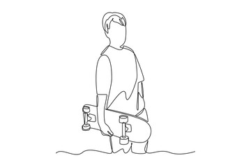 Continuous one line drawing of the lifestyle of young people brings skateboarding. Rest, holiday, human life, relaxation, comfort, lifestyle. Single line design vector graphic illustration