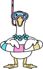Hand drawn Retro Groovy Cartoon Goose Wearing Snorkel Gear and Swim Ring