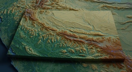 Elevated 3D render showing mountain ranges and valleys in warm, earthy tones