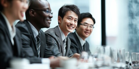 Diverse business professionals engaged in a lively discussion during a corporate meeting, showcasing teamwork and collaboration.