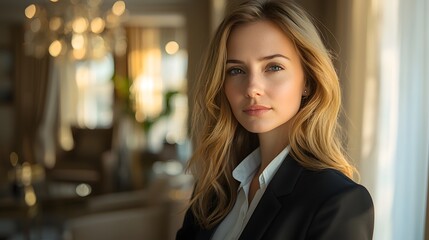 Naklejka premium Graceful woman posing confidently in a casual pose with a natural expression in a bright setting