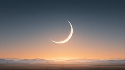 Crescent Moon Illuminating a Vast Sky at Dusk in Negative Space